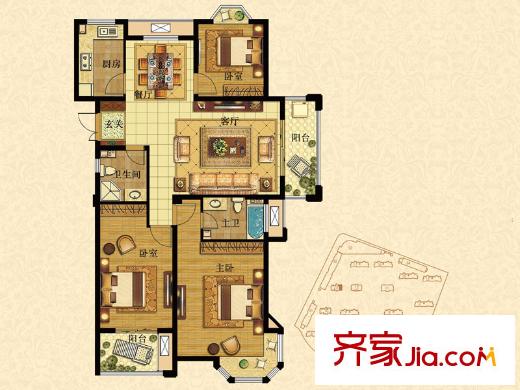 潤達錦秀河山E戶型3房2廳1廚1衛(wèi)141平方米