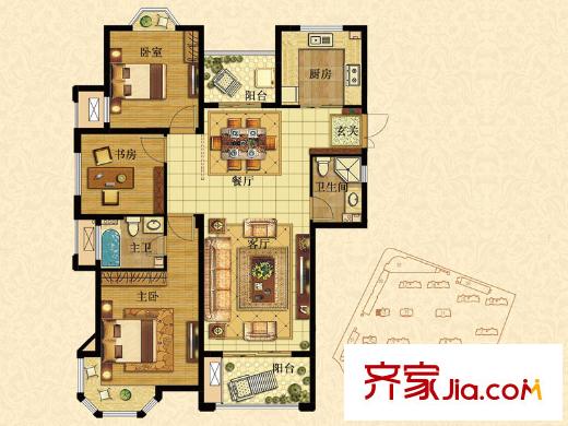 潤達錦秀河山G戶型3房2廳1廚2衛(wèi)124平方米