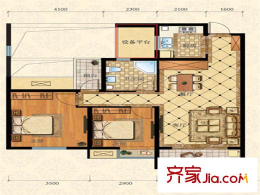 濱江陽光海岸90平方米二室二廳一衛(wèi)戶型 2室2廳1衛(wèi)