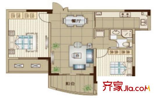日順匯錦園3B-1戶型 2室2廳1衛(wèi)1廚