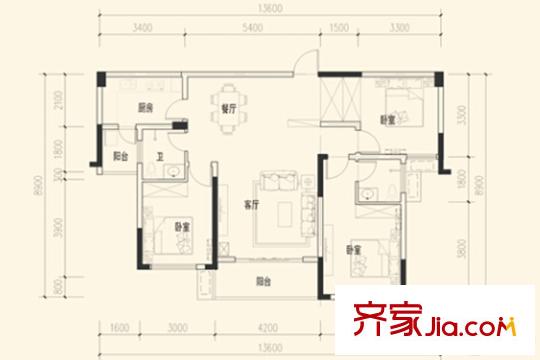盛世新城C-2戶型 3室2廳2衛(wèi)1廚