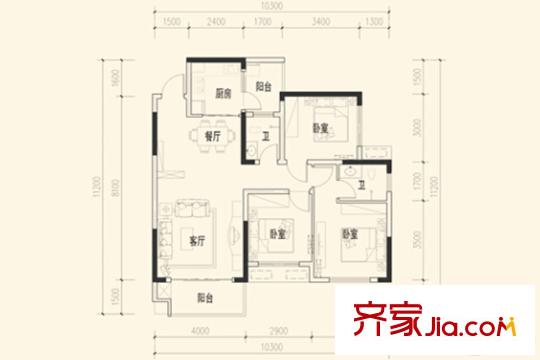 盛世新城D-1戶型 3室2廳2衛(wèi)1廚