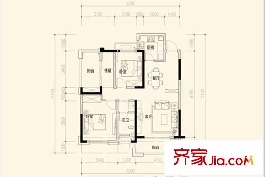 盛世新城E-1戶型 2室2廳1衛(wèi)1廚