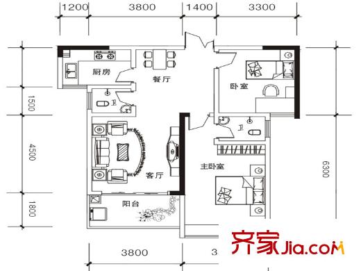 明星?央城一期1#B戶型 2室2廳2衛(wèi)1廚