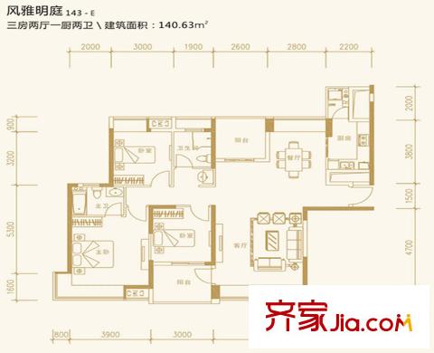 中航?翡翠灣一期風(fēng)雅明庭戶型 3室2廳2衛(wèi)1廚