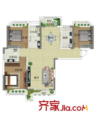 景鴻?東湖翡翠戶型1 3室2廳2衛(wèi)1廚