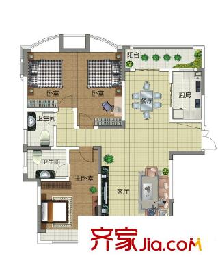 景鴻?東湖翡翠戶型3 3室2廳2衛(wèi)1廚