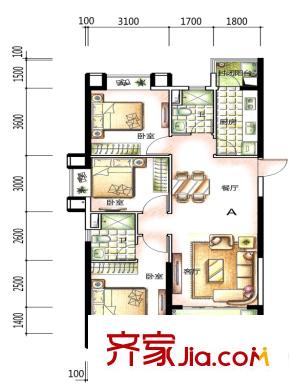 恒大中心1#、6#A戶型 3室2廳2衛(wèi)1廚