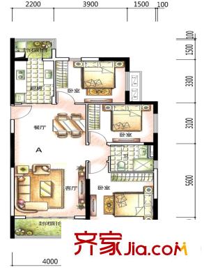 恒大中心2~5#A戶型 3室2廳1衛(wèi)1廚