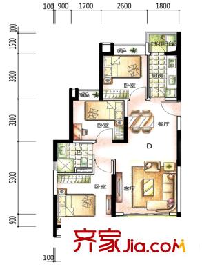 恒大中心2-5#D戶型 3室2廳1衛(wèi)1廚