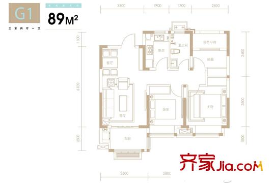 华润桃源里g1户型 3室2厅1卫1厨