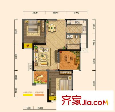 華盛大運(yùn)城（售完）一期1#、3#樓A2戶型 2室2廳1衛(wèi)1廚