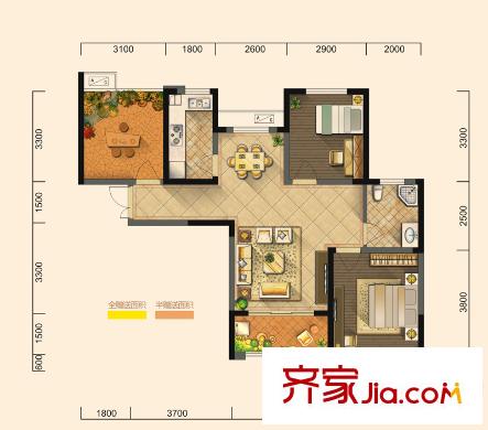 華盛大運(yùn)城（售完）一期1#、3#樓A3戶型 2室2廳1衛(wèi)1廚
