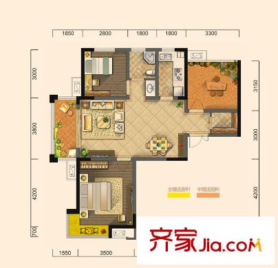 華盛大運(yùn)城（售完）一期1#、3#樓A1戶型 2室2廳1衛(wèi)1廚