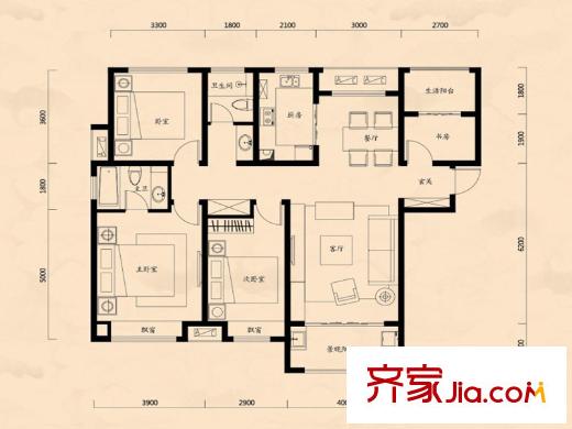 海亮紅璽臺一期高層標(biāo)準(zhǔn)層A6戶型 4室2廳2衛(wèi)1廚