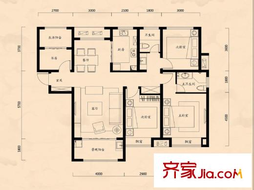 海亮紅璽臺一期高層標(biāo)準(zhǔn)層A4戶型 4室2廳2衛(wèi)1廚