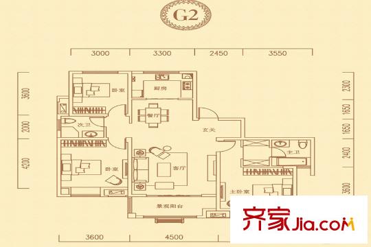 海亮紅璽臺G18#樓136平戶型圖 3室2廳2衛(wèi)1廚
