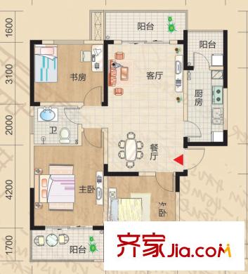 恒緣時(shí)代廣場(chǎng)戶型圖2 3室2廳1衛(wèi)1廚