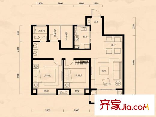 海亮紅璽臺一期高層標(biāo)準(zhǔn)層A1戶型 2室2廳1衛(wèi)1廚