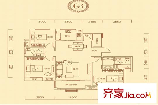 海亮紅璽臺G10#樓136平戶型圖 3室2廳2衛(wèi)1廚