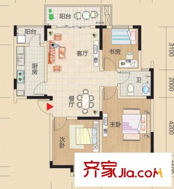 恒緣時(shí)代廣場(chǎng)戶(hù)型圖3 3室2廳1衛(wèi)1廚