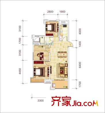 城建琥珀瑞安家園3室2廳1衛(wèi)1廚100~104平米 L戶型 3室2廳1衛(wèi)1廚