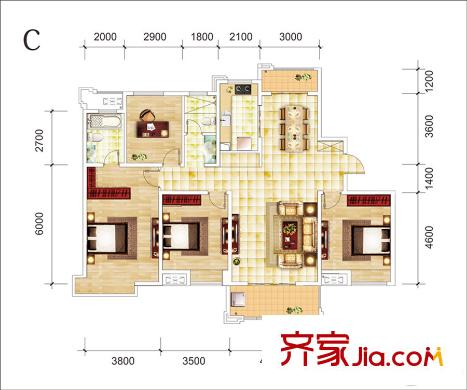 城建琥珀瑞安家園4室2廳2衛(wèi)1廚175平米 C戶型 4室2廳2衛(wèi)1廚