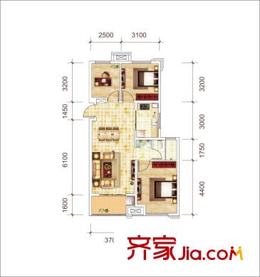 城建琥珀瑞安家園3室2廳1衛(wèi)1廚 100平米 H戶型 3室2廳1衛(wèi)