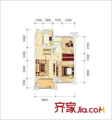 城建琥珀瑞安家園2室2廳1衛(wèi)1廚89平米 F戶型 2室2廳1衛(wèi)1廚