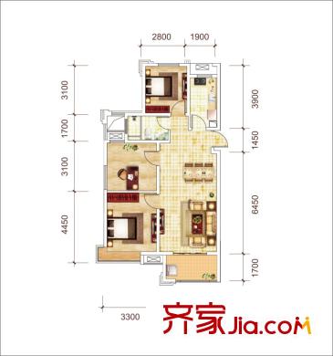 城建琥珀瑞安家園3室2廳1衛(wèi)1廚 102.5平米 L'戶型 3室2廳1衛(wèi)1廚