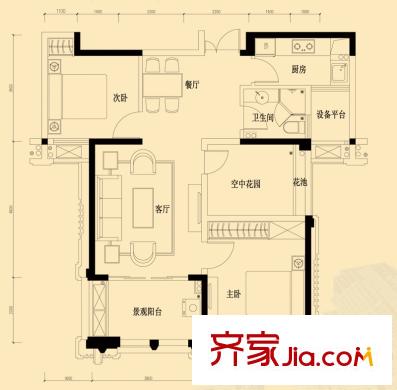 天慧紫辰閣戶型圖A-2戶型 2室2廳1衛(wèi)1廚