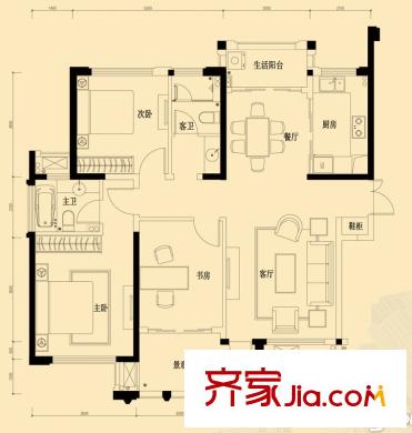 天慧紫辰閣戶型圖A-1戶型 3室2廳2衛(wèi)1廚