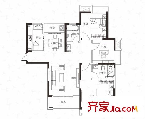 綠地濱湖國際花都戶型圖四期D1戶型 3室2廳2衛(wèi)1廚