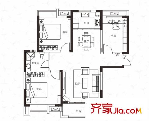 綠地濱湖國際花都戶型圖四期D3戶型 3室2廳1衛(wèi)1廚