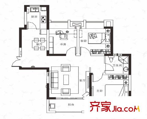 綠地濱湖國際花都戶型圖四期D9戶型 3室2廳1衛(wèi)1廚