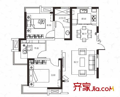 綠地濱湖國際花都戶型圖四期D5戶型 3室2廳1衛(wèi)1廚