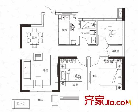 綠地濱湖國際花都戶型圖四期D6戶型 3室2廳1衛(wèi)1廚