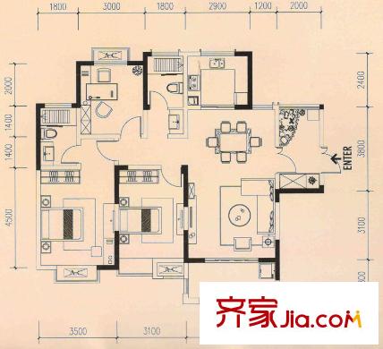 藍(lán)鼎海棠灣1#、2#B戶型 3室2廳2衛(wèi)1廚