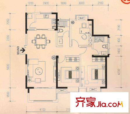 藍(lán)鼎海棠灣1#、2#A戶型 3室2廳2衛(wèi)1廚