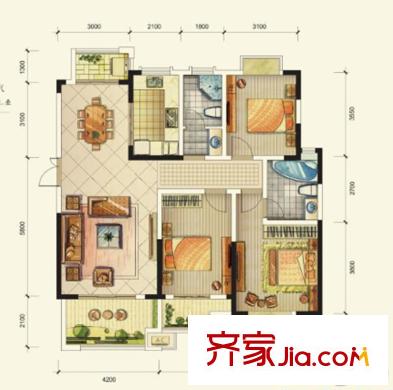 藍(lán)鼎海棠灣3#4#6#7#9#C戶型 3室2廳2衛(wèi)1廚