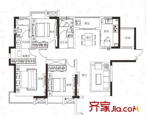 綠地濱湖國際花都戶型圖四期D4戶型 3室2廳2衛(wèi)1廚
