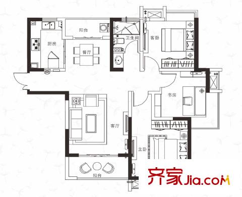 綠地濱湖國際花都戶型圖四期D7戶型 3室2廳1衛(wèi)1廚