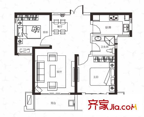 綠地濱湖國際花都戶型圖四期D8戶型 2室2廳1衛(wèi)1廚