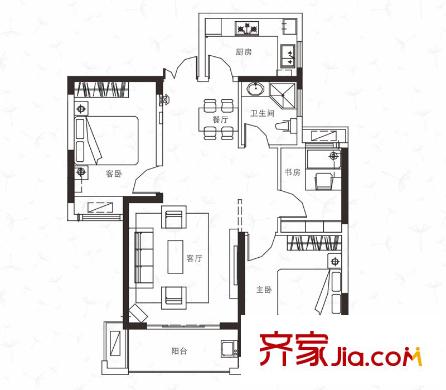 綠地濱湖國際花都戶型圖四期D2戶型 3室2廳1衛(wèi)1廚
