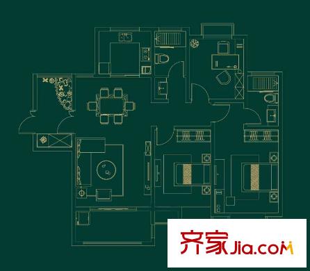 藍(lán)鼎海棠灣1#、2#樓B戶型 3室2廳2衛(wèi)1廚