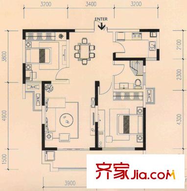 藍(lán)鼎海棠灣1#、2#C戶型 2室2廳1衛(wèi)1廚