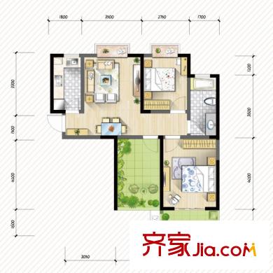 京冠萬城華府戶型圖22、23、26、27#A1戶型 2室2廳1衛(wèi)1廚
