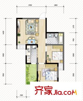 京冠萬城華府戶型圖22、23、26、27#A3戶型 2室2廳1衛(wèi)1廚