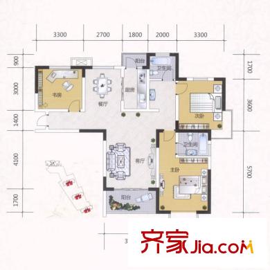 金大陸上東城戶型圖4#B2戶型 3室2廳2衛(wèi)1廚