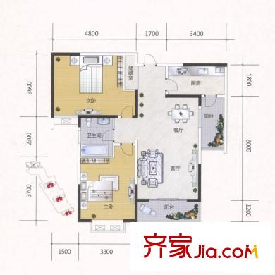 金大陸上東城戶型圖2#、3#、4#A戶型 2室2廳1衛(wèi)1廚